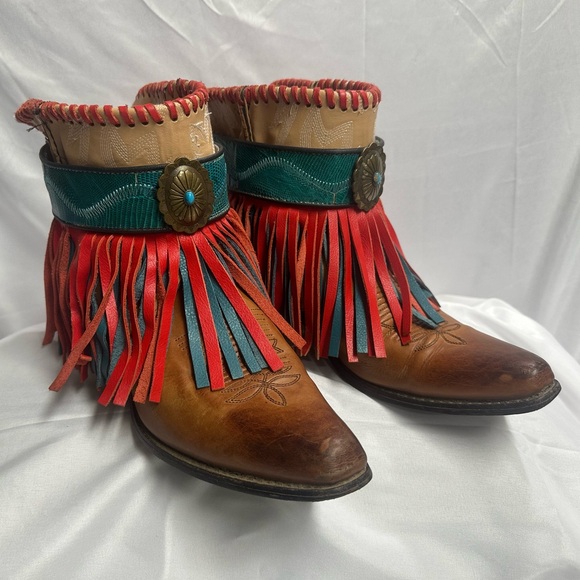 Shoes - Fringed Leather Ankle Boots - Brown and Red